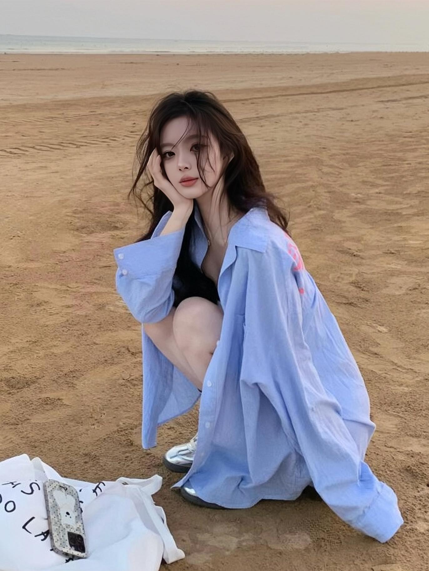 Blue Striped Printed Loose Long Sleeve Shirt with Heartbeat Design for Women - Trendy Y2K Style Top Blue Striped Printed Loose Long Sleeve Shirt with Heartbeat Design for Women - Trendy Y2K Style Top