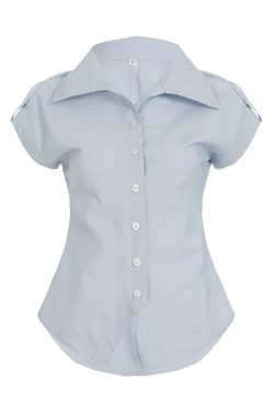 Blue Striped Short Sleeve Button-Up Cardigan Shirt for Women - Summer Waist-Defined French Style Top