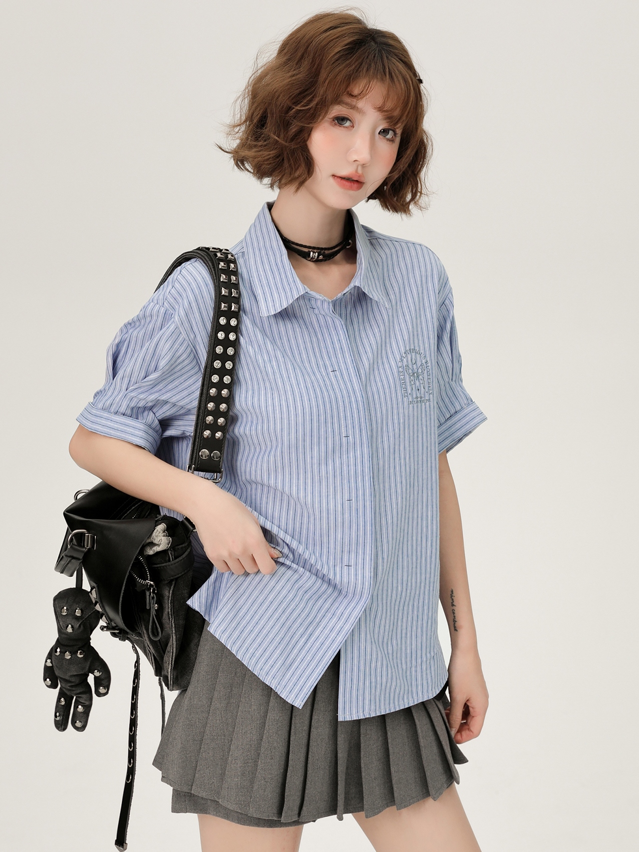 Blue Striped Short Sleeve Shirt for Women, Embroidered Wide Cuff Design, Slimming Summer Style, Trendy Fashion Top Blue Striped Short Sleeve Shirt for Women, Embroidered Wide Cuff Design, Slimming Summer Style, Trendy Fashion Top