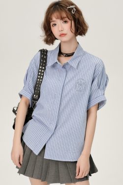Blue Striped Short Sleeve Shirt for Women, Embroidered Wide Cuff Design, Slimming Summer Style, Trendy Fashion Top