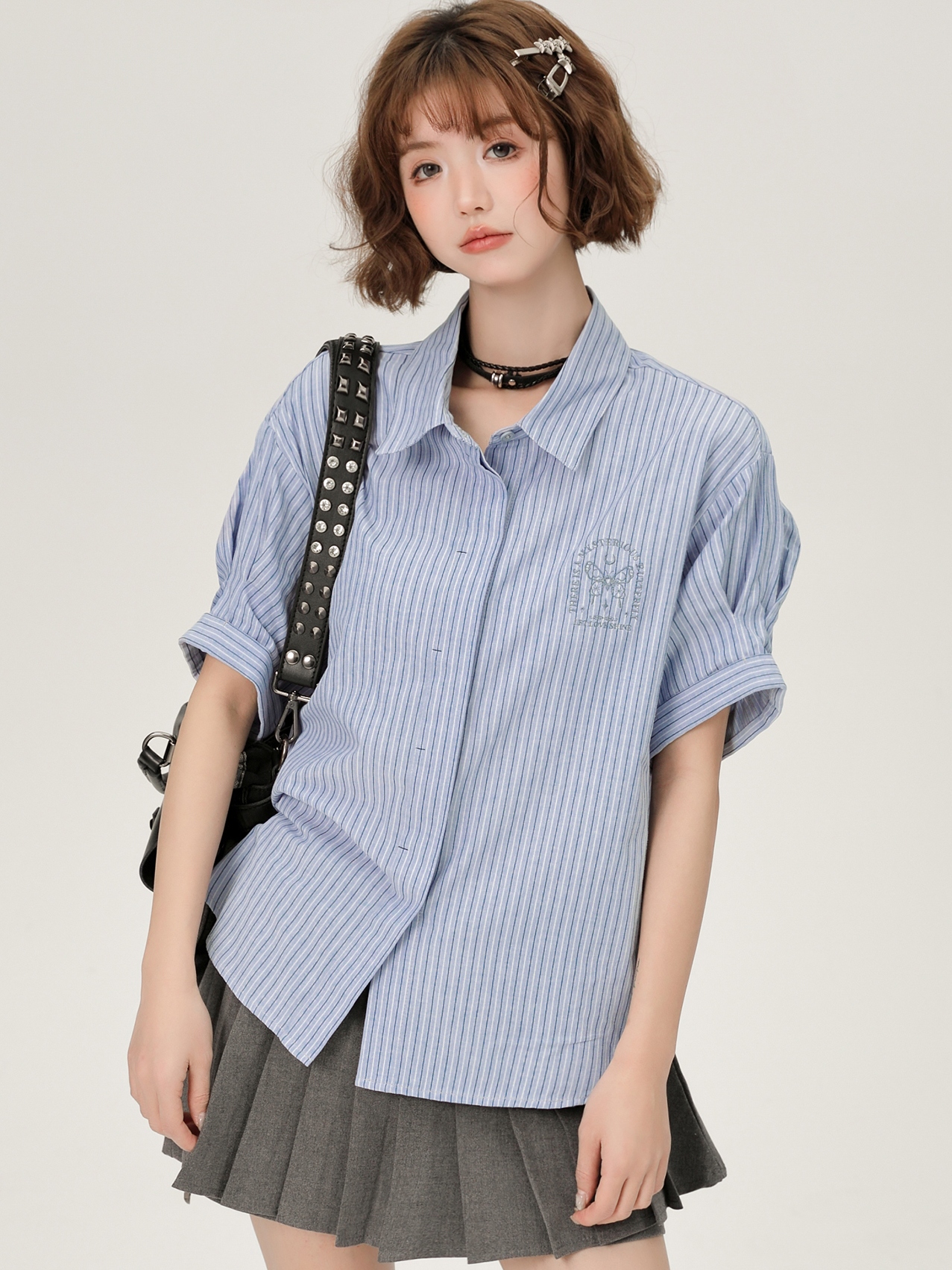 Blue Striped Short Sleeve Shirt for Women, Embroidered Wide Cuff Design, Slimming Summer Style, Trendy Fashion Top Blue Striped Short Sleeve Shirt for Women, Embroidered Wide Cuff Design, Slimming Summer Style, Trendy Fashion Top