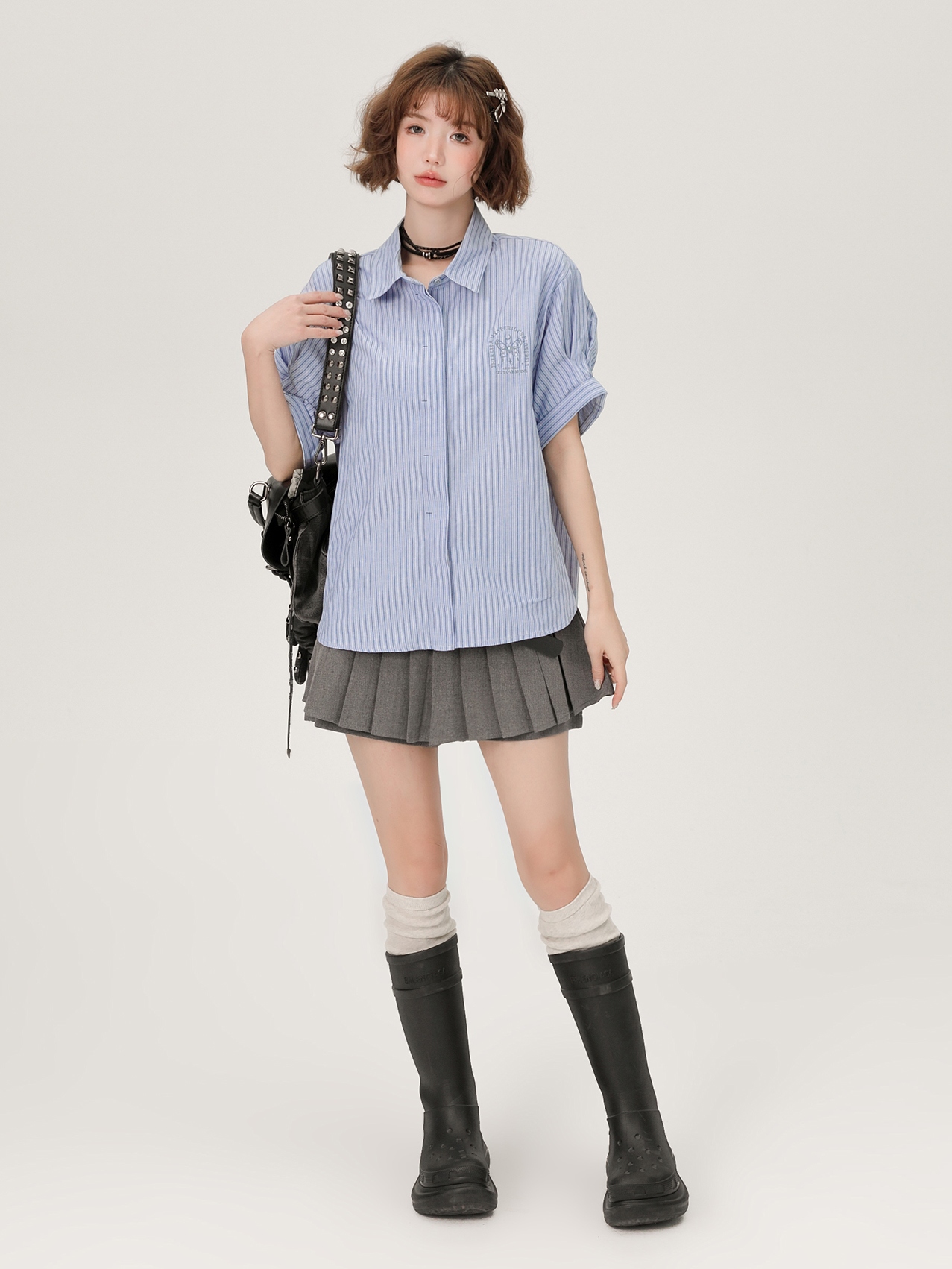 Blue Striped Short Sleeve Shirt for Women, Embroidered Wide Cuff Design, Slimming Summer Style, Trendy Fashion Top Blue Striped Short Sleeve Shirt for Women, Embroidered Wide Cuff Design, Slimming Summer Style, Trendy Fashion Top