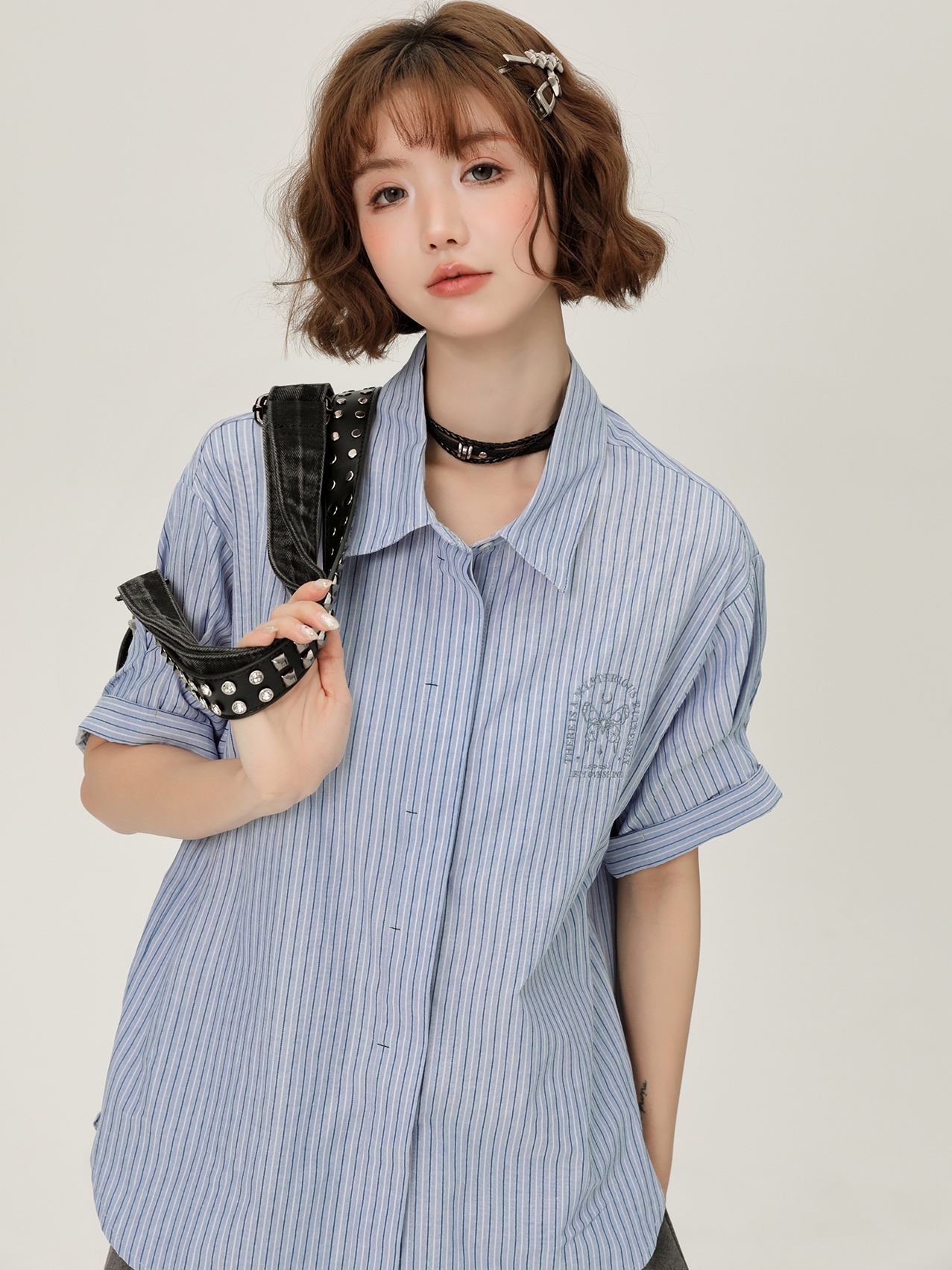 Blue Striped Short Sleeve Shirt for Women, Embroidered Wide Cuff Design, Slimming Summer Style, Trendy Fashion Top Blue Striped Short Sleeve Shirt for Women, Embroidered Wide Cuff Design, Slimming Summer Style, Trendy Fashion Top