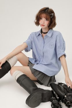 Blue Striped Short Sleeve Shirt for Women, Embroidered Wide Cuff Design, Slimming Summer Style, Trendy Fashion Top