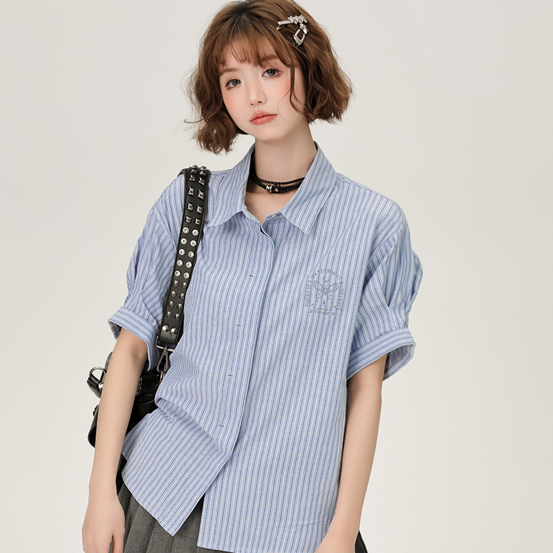 Blue Striped Short Sleeve Shirt for Women, Embroidered Wide Cuff Design, Slimming Summer Style, Trendy Fashion Top Blue Striped Short Sleeve Shirt for Women, Embroidered Wide Cuff Design, Slimming Summer Style, Trendy Fashion Top