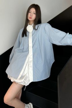 Blue Striped Spliced Shirt for Women, Loose-Fitting Spring Top, Slimming Sun Protection Jacket, Retro Chic Hong Kong Style