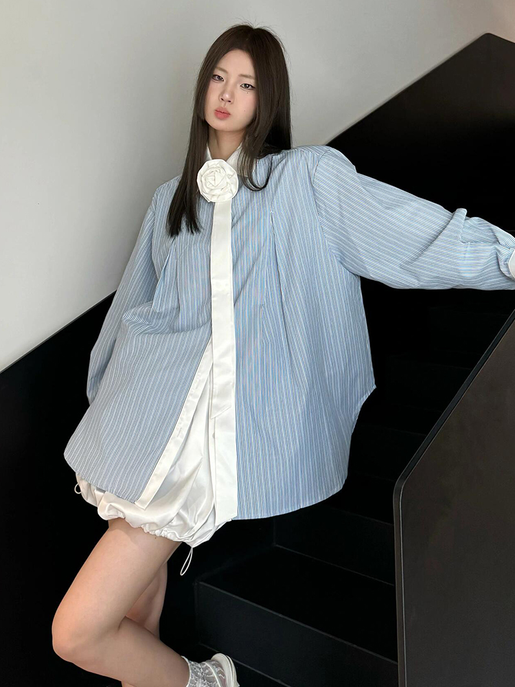 Blue Striped Spliced Shirt for Women, Loose-Fitting Spring Top, Slimming Sun Protection Jacket, Retro Chic Hong Kong Style Blue Striped Spliced Shirt for Women, Loose-Fitting Spring Top, Slimming Sun Protection Jacket, Retro Chic Hong Kong Style