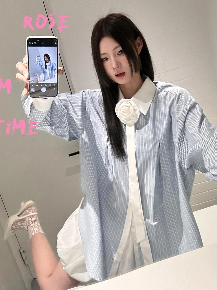 Blue Striped Spliced Shirt for Women, Loose-Fitting Spring Top, Slimming Sun Protection Jacket, Retro Chic Hong Kong Style Blue Striped Spliced Shirt for Women, Loose-Fitting Spring Top, Slimming Sun Protection Jacket, Retro Chic Hong Kong Style