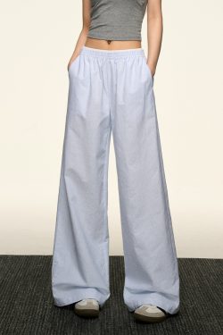 Blue Striped Wide-Leg Pants for Women - Casual Summer Retro Style, Loose Fit, Slimming American 90s Fashion
