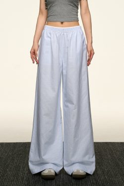 Blue Striped Wide-Leg Pants for Women - Casual Summer Retro Style, Loose Fit, Slimming American 90s Fashion