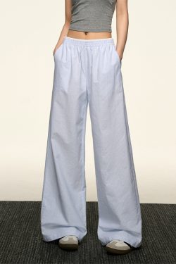 Blue Striped Wide-Leg Pants for Women - Casual Summer Retro Style, Loose Fit, Slimming American 90s Fashion