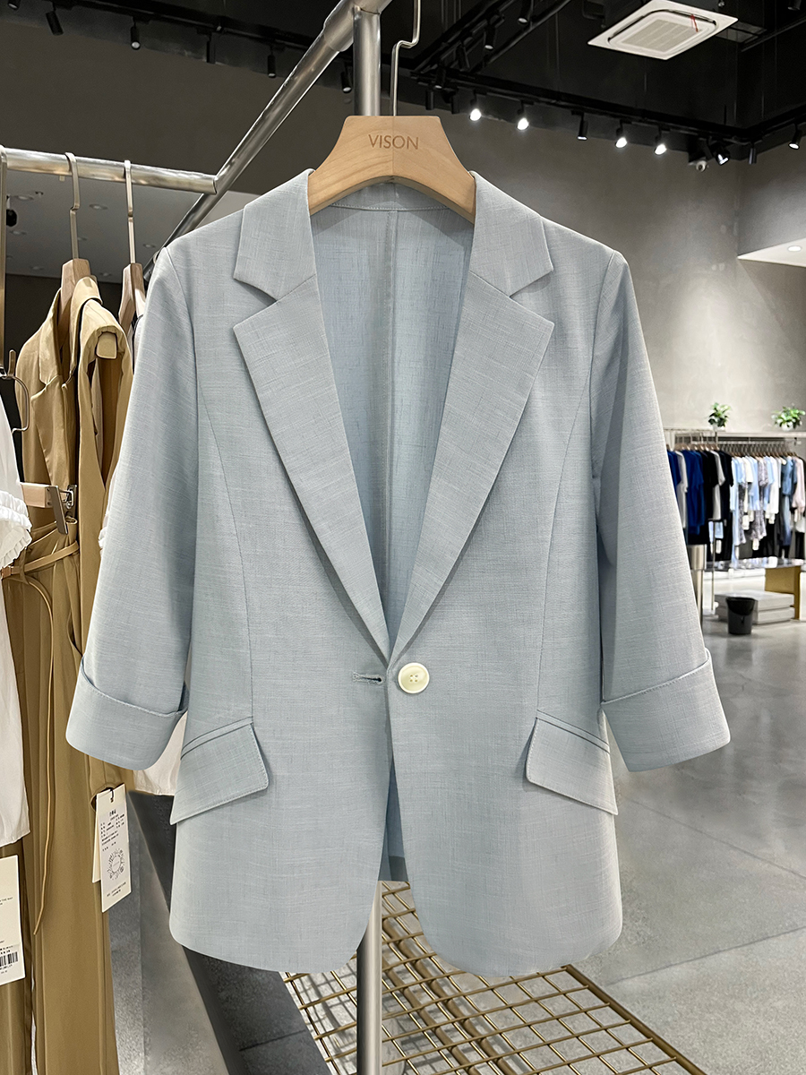 Blue Textured Blazer for Women - Minimalist Summer Style, Short Version, Trendy 2025 Fashion Blue Textured Blazer for Women - Minimalist Summer Style, Short Version, Trendy 2025 Fashion