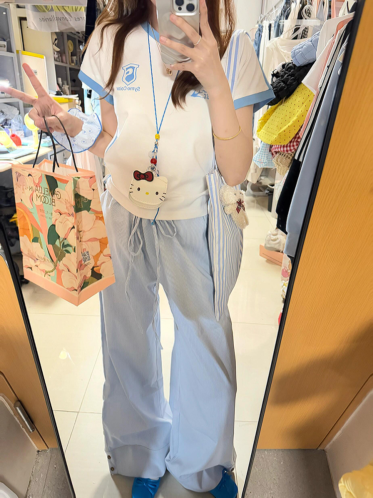 Blue Vertical Striped Wide-Leg Casual Pants for Women - Summer 2025 Loose Fit Draping Effect Walking Sports Pants Blue Vertical Striped Wide-Leg Casual Pants for Women - Summer 2025 Loose Fit Draping Effect Walking Sports Pants