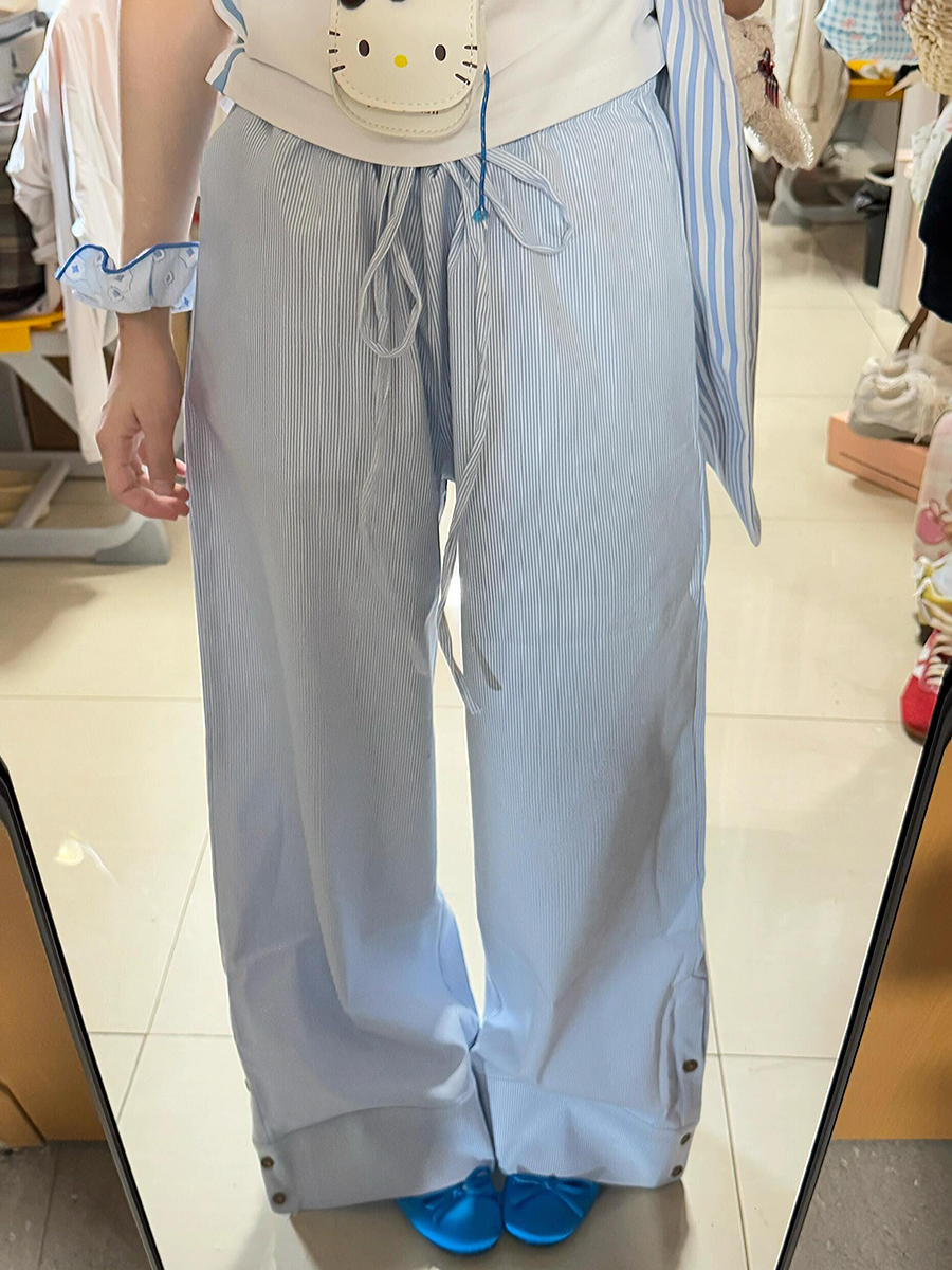 Blue Vertical Striped Wide-Leg Casual Pants for Women - Summer 2025 Loose Fit Draping Effect Walking Sports Pants Blue Vertical Striped Wide-Leg Casual Pants for Women - Summer 2025 Loose Fit Draping Effect Walking Sports Pants