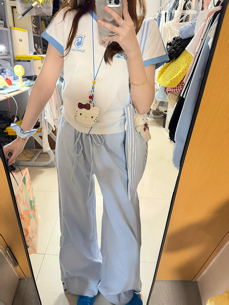 Blue Vertical Striped Wide-Leg Casual Pants for Women - Summer 2025 Loose Fit Draping Effect Walking Sports Pants Blue Vertical Striped Wide-Leg Casual Pants for Women - Summer 2025 Loose Fit Draping Effect Walking Sports Pants