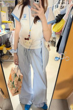 Blue Vertical Striped Wide-Leg Casual Pants for Women - Summer 2025 Loose Fit Draping Effect Walking Sports Pants