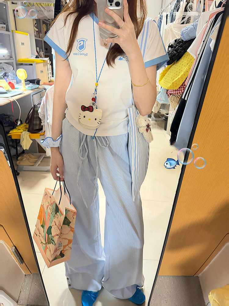 Blue Vertical Striped Wide-Leg Casual Pants for Women - Summer 2025 Loose Fit Draping Effect Walking Sports Pants Blue Vertical Striped Wide-Leg Casual Pants for Women - Summer 2025 Loose Fit Draping Effect Walking Sports Pants