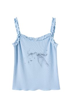 Blue Vintage Bow Print Slim Fit Casual Lace Knitted Tank Top for Spring Summer - Stylish 90s Inspired Fashion Essential