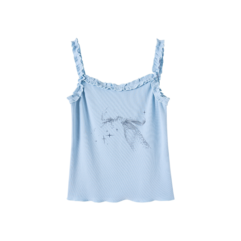 Blue Vintage Bow Print Slim Fit Casual Lace Knitted Tank Top for Spring Summer - Stylish 90s Inspired Fashion Essential Blue Vintage Bow Print Slim Fit Casual Lace Knitted Tank Top for Spring Summer - Stylish 90s Inspired Fashion Essential