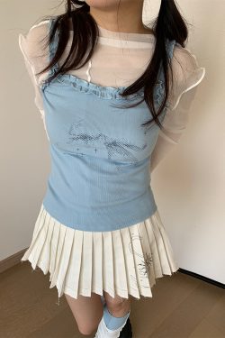 Blue Vintage Bow Print Slim Fit Casual Lace Knitted Tank Top for Spring Summer - Stylish 90s Inspired Fashion Essential