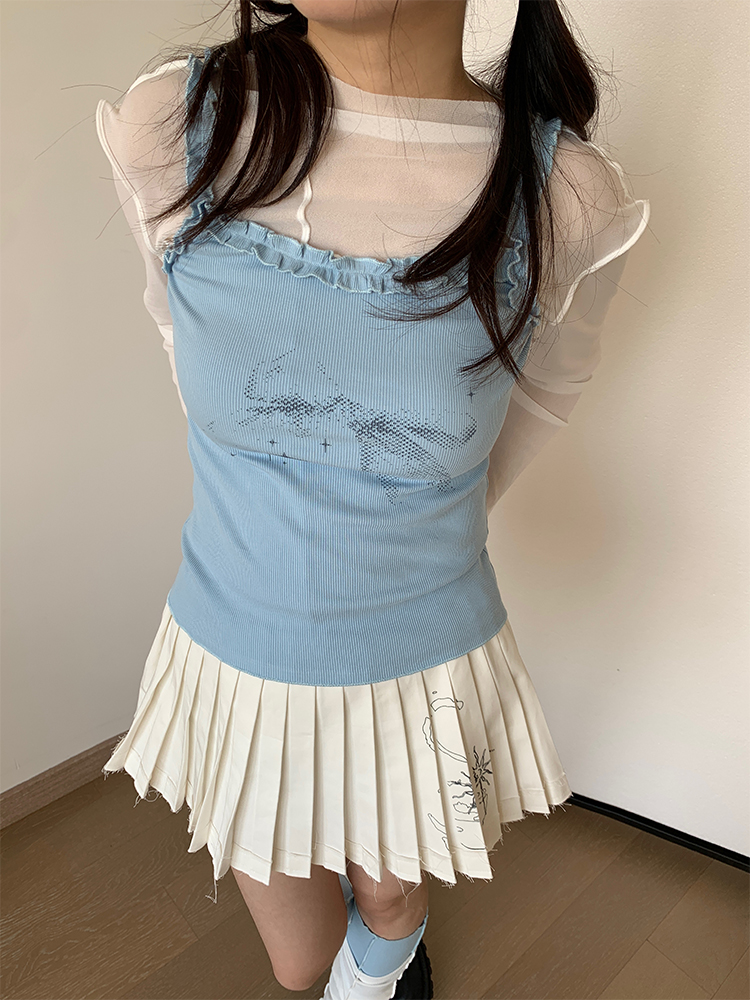 Blue Vintage Bow Print Slim Fit Casual Lace Knitted Tank Top for Spring Summer - Stylish 90s Inspired Fashion Essential Blue Vintage Bow Print Slim Fit Casual Lace Knitted Tank Top for Spring Summer - Stylish 90s Inspired Fashion Essential