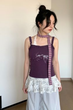 Blue Vintage Bow Print Slim Fit Casual Lace Knitted Tank Top for Spring Summer - Stylish 90s Inspired Fashion Essential