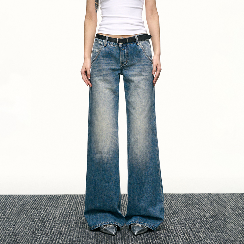 Blue Washed Scratch-Style Low-Rise Jeans for Women, Loose Straight-Leg Trousers, Slimming Wide-Leg Pants for Spring and Autumn Fashion Blue Washed Scratch-Style Low-Rise Jeans for Women, Loose Straight-Leg Trousers, Slimming Wide-Leg Pants for Spring and Autumn Fashion