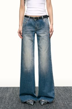 Blue Washed Scratch-Style Low-Rise Jeans for Women, Loose Straight-Leg Trousers, Slimming Wide-Leg Pants for Spring and Autumn Fashion