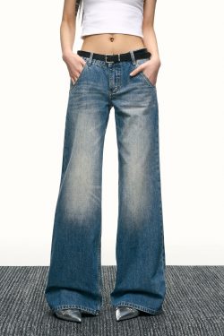 Blue Washed Scratch-Style Low-Rise Jeans for Women, Loose Straight-Leg Trousers, Slimming Wide-Leg Pants for Spring and Autumn Fashion