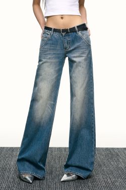 Blue Washed Scratch-Style Low-Rise Jeans for Women, Loose Straight-Leg Trousers, Slimming Wide-Leg Pants for Spring and Autumn Fashion