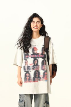 Blurred Portrait Print Vintage Floral Short Sleeve T-Shirt for Women - American Retro Style, Trendy Gray Tee