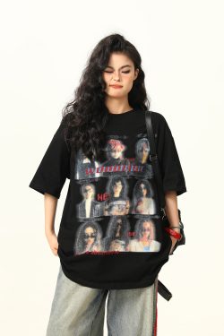 Blurred Portrait Print Vintage Floral Short Sleeve T-Shirt for Women - American Retro Style, Trendy Gray Tee