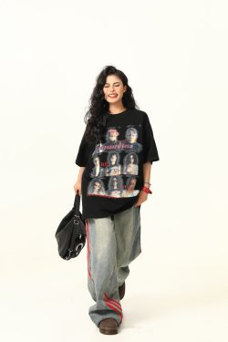 Blurred Portrait Print Vintage Floral Short Sleeve T-Shirt for Women - American Retro Style, Trendy Gray Tee