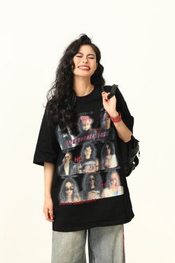 Blurred Portrait Print Vintage Floral Short Sleeve T-Shirt for Women - American Retro Style, Trendy Gray Tee