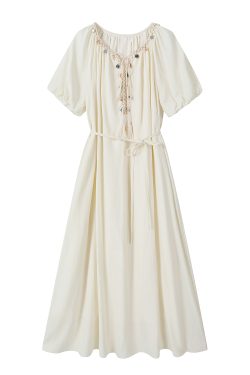 Bohemian A-Line Dress for Women - Summer Puff Sleeve, Waist-Cinched, French-Style, Korean Version, Age-Reducing White Dress