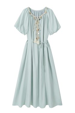 Bohemian A-Line Dress for Women - Summer Puff Sleeve, Waist-Cinched, French-Style, Korean Version, Age-Reducing White Dress