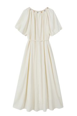 Bohemian A-Line Dress for Women - Summer Puff Sleeve, Waist-Cinched, French-Style, Korean Version, Age-Reducing White Dress