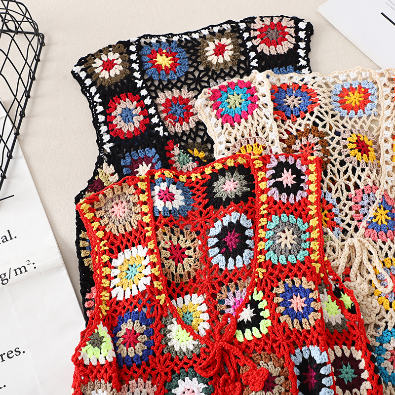 Bohemian Crochet Lace-Up Vest - Colorful Retro Ethnic Style Cardigan for Vacation - Handmade Fashion Top Bohemian Crochet Lace-Up Vest - Colorful Retro Ethnic Style Cardigan for Vacation - Handmade Fashion Top