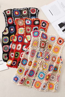 Bohemian Crochet Lace-Up Vest - Colorful Retro Ethnic Style Cardigan for Vacation - Handmade Fashion Top