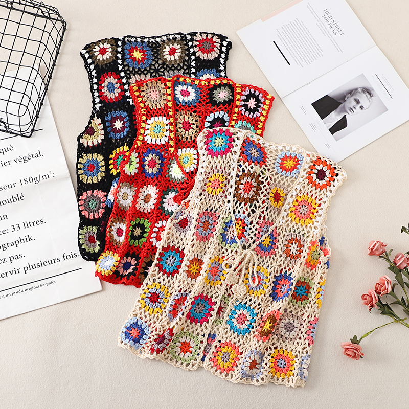 Bohemian Crochet Lace-Up Vest - Colorful Retro Ethnic Style Cardigan for Vacation - Handmade Fashion Top Bohemian Crochet Lace-Up Vest - Colorful Retro Ethnic Style Cardigan for Vacation - Handmade Fashion Top