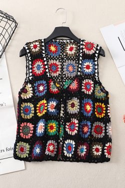 Bohemian Crochet Lace-Up Vest - Colorful Retro Ethnic Style Cardigan for Vacation - Handmade Fashion Top