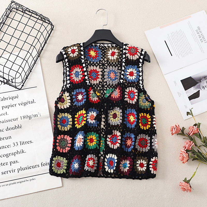 Bohemian Crochet Lace-Up Vest - Colorful Retro Ethnic Style Cardigan for Vacation - Handmade Fashion Top Bohemian Crochet Lace-Up Vest - Colorful Retro Ethnic Style Cardigan for Vacation - Handmade Fashion Top