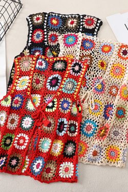 Bohemian Crochet Lace-Up Vest - Colorful Retro Ethnic Style Cardigan for Vacation - Handmade Fashion Top
