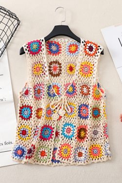 Bohemian Crochet Lace-Up Vest - Colorful Retro Ethnic Style Cardigan for Vacation - Handmade Fashion Top