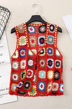 Bohemian Crochet Lace-Up Vest - Colorful Retro Ethnic Style Cardigan for Vacation - Handmade Fashion Top