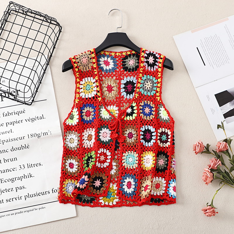 Bohemian Crochet Lace-Up Vest - Colorful Retro Ethnic Style Cardigan for Vacation - Handmade Fashion Top Bohemian Crochet Lace-Up Vest - Colorful Retro Ethnic Style Cardigan for Vacation - Handmade Fashion Top