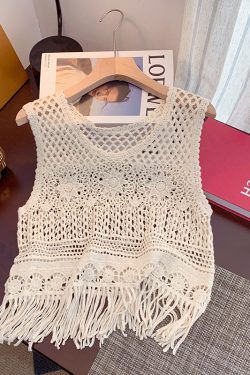 Bohemian Ethnic Knitted Hollow-Out Camisole for Women - Summer Sleeveless Jazz Top for Layering and Casual Outings