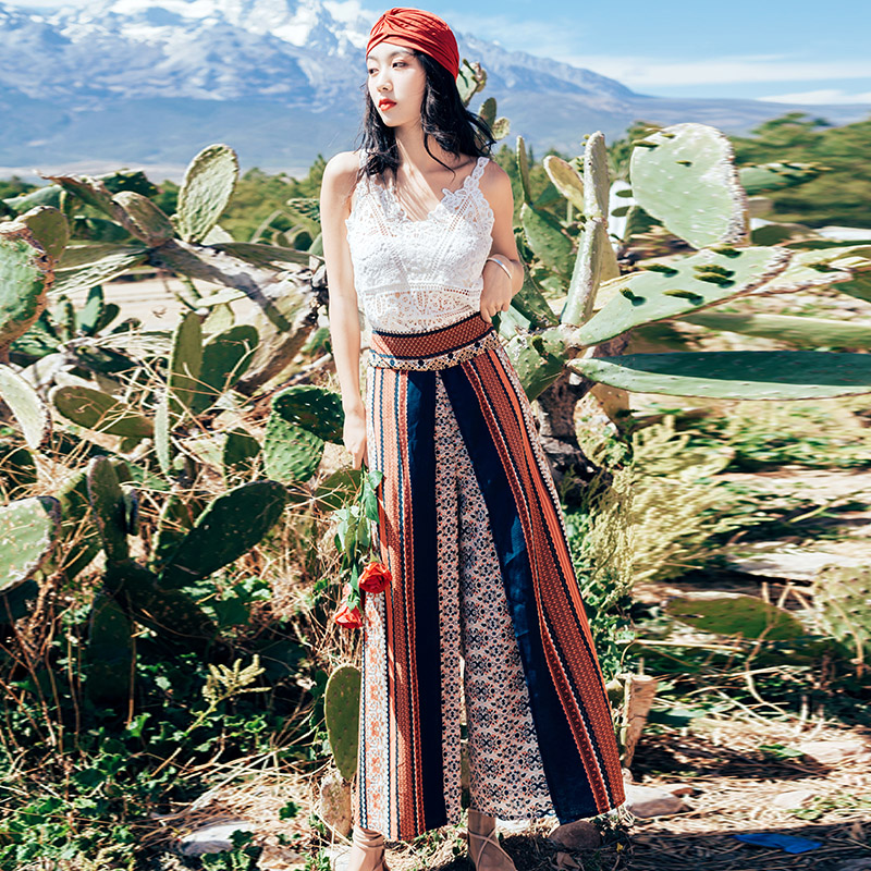 Bohemian High-Waisted Wide-Leg Beach Pants - Chiffon Printed Ethnic Style for Seaside Travel, Thailand Vibes Bohemian High-Waisted Wide-Leg Beach Pants - Chiffon Printed Ethnic Style for Seaside Travel, Thailand Vibes