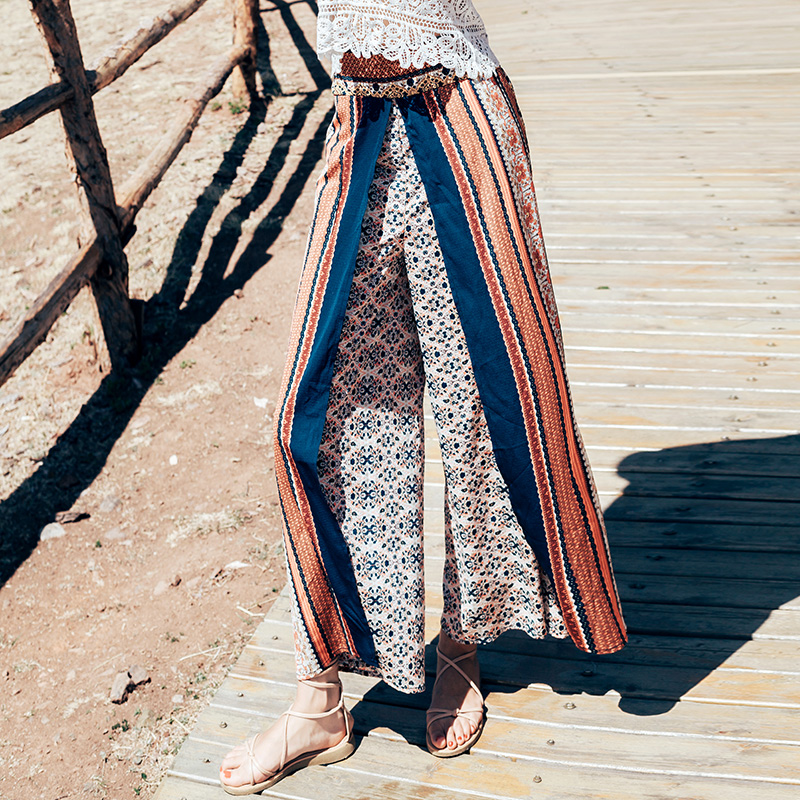 Bohemian High-Waisted Wide-Leg Beach Pants - Chiffon Printed Ethnic Style for Seaside Travel, Thailand Vibes Bohemian High-Waisted Wide-Leg Beach Pants - Chiffon Printed Ethnic Style for Seaside Travel, Thailand Vibes