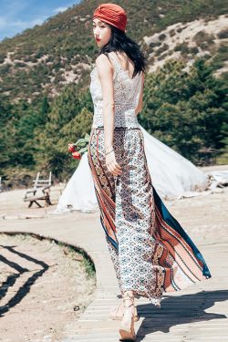 Bohemian High-Waisted Wide-Leg Beach Pants - Chiffon Printed Ethnic Style for Seaside Travel, Thailand Vibes